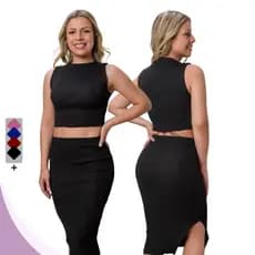 Conjunto Feminino Tricot Canelado Cropped e Saia Midi Fenda Fashion Sem Estampa Moderna Moda