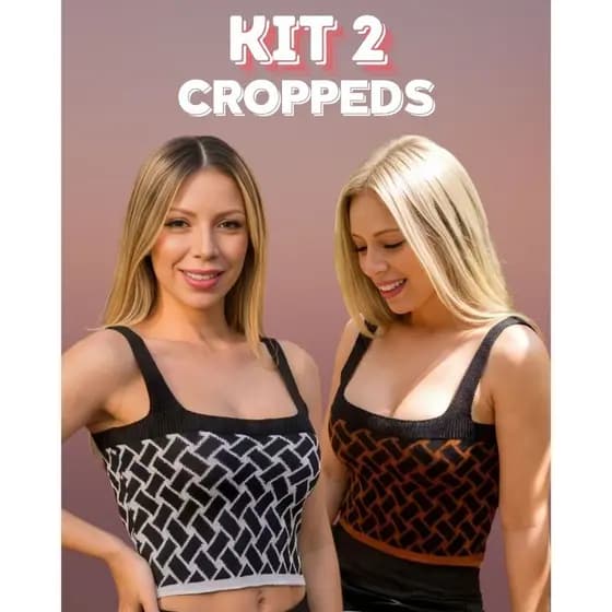 Kit 2 Croppeds Feminino Tricot Decote Quadrado Tecido Jacquard Casual Alça Larga Geométrico Tricô