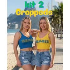 Kit 2 Croppeds Regata Alça Larga Feminino Tricot Canelado Decote U Copa Brasil Casual Verão Tricô