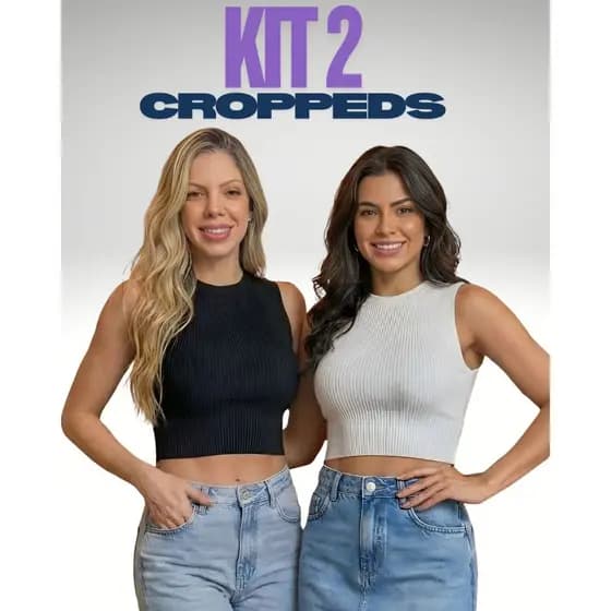 Kit 2 Croppeds Regata Feminina Tricot Canelado Casual Alça Grossa Primavera Verão Básico Tricô