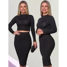 Conjunto Cropped Manga Longa + Saia Midi Feminina Gola Alta Casual Ribana Canelada Elegante