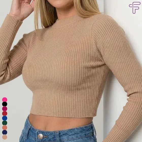 Cropped Tricot Canelado Manga Longa Gola Redonda Premium Inverno