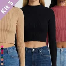 Kit 3 Cropped Tricot Modal Manga Longa Canelado Zero Transparência