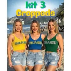 Kit 3 Croppeds Regata Alça Larga Feminino Tricot Canelado Decote U Copa Brasil Casual Verão Tricô