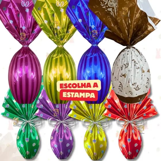 Kit 25 Embalagem Ovo de Páscoa 100g-750g Metalizada Vários Tamanhos e Estampas Saco Envelope