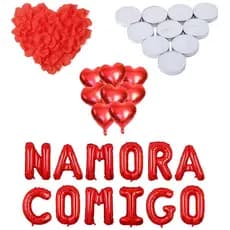 Kit 300 Pétalas + 6 Balão Coração + 6 Velas + Namora Comigo