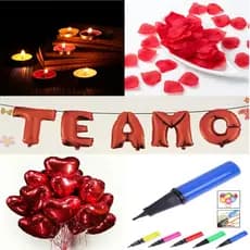 Kit Romântico - 200 Pétalas + 10 Velas + 6 Balões Coração + Balão Te Amo + Fitilho + Bomba