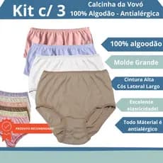 KIT COM 3 calcinha da vovó calçola da vovo 100% Algodão Antialérgica - preço de atacado