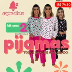 Kit com 2 Pijamas Suede  Longo Feminino malha toque suave e aveludado Longo Inverno Estampado Blogueira