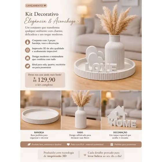 Kit Decorativo 3D Bandeja + Vaso + Enfeite Home/Love | Decoração Minimalista