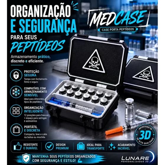 MedCase Porta Peptídeos | Case para 12 Frascos + Compartimento para Seringas | Impressão 3D