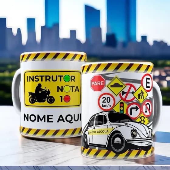 Caneca xícara personaliza em porcelana instrutor de auto escola com nome