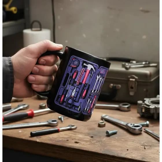Caneca personaliza preta caixa de ferramentas mecânico pedreiro profissão