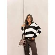 Blusa Feminina Polo Listrada Tricot Manga Longa Look Elegante