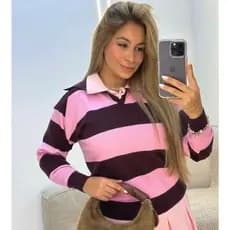 Blusa Polo Feminina Listrada Elegante Tricot Look Moderno Inverno
