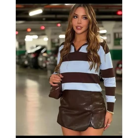 Suéter Polo Feminino Listrado Casual Inverno Moda Atual
