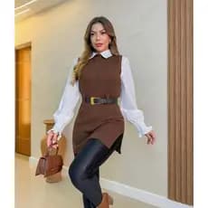 Conjunto Colete Feminino Elegante Com Camisa Social E Cinto Fashion