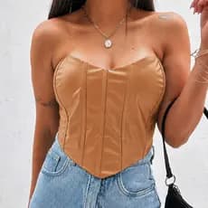 Corselet Feminino Preto Couro Fake Com Amarração Moda TikTok