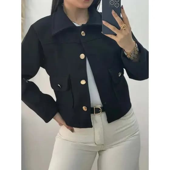 Casaco Feminino Lã Batida Botões Dourados Inverno