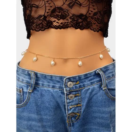 corrente de cintura banhada a ouro com detalhes em pérolas abs