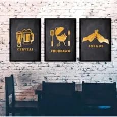 Quadro Decorativo Cantinho Churrasco Cerveja Amigos 3 Peças 40x60 MDF Sala Gourmet Área de Churrasco