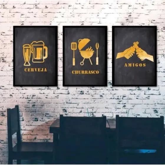 Quadro Decorativo Cantinho Churrasco Amigos Cerveja  Kit 3 Peças MDF 20x30 Decoração Moderna