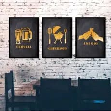 Quadro Decorativo Cantinho Churrasco Amigos Cerveja  Kit 3 Peças MDF 20x30 Decoração Moderna