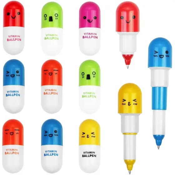 24 Mini Canetas Esferográficas Retráteis Com Desenho Fofo Emoticon Kawaii Vitamina Pílula Tinta Azul Escrita Bola Conjunto De