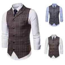Colete Xadrez Masculino Slim Britânico Com Lapela E Peito Único