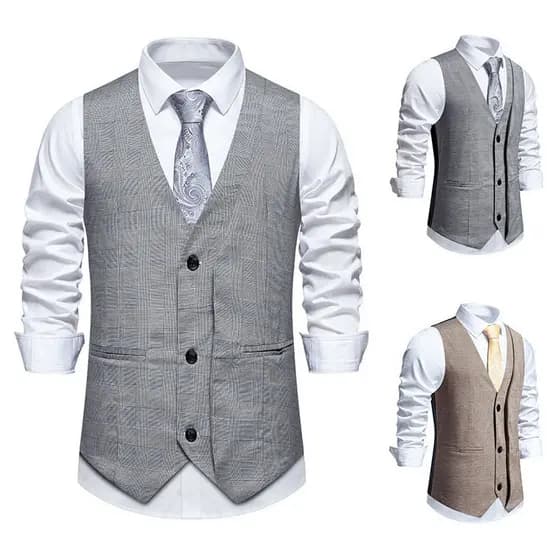 Colete Masculino Houndstooth Terno Retrô Com Decote Em V Casual