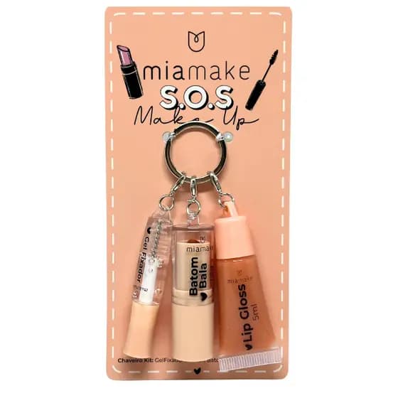 KIT CHAVEIRO 3 EM 1 BATOM BALA LIP GLOSS E GEL FIXADOR MIA MAKE GRUPO NUDE