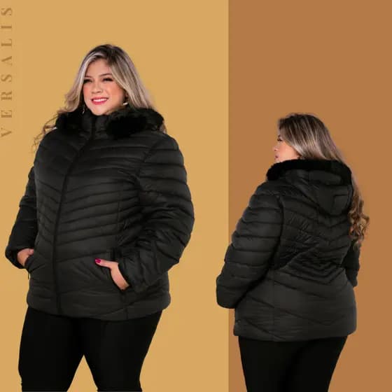 Jaqueta Peluciada Bobojaco Plus Size Feminina Impermeavel Inverno com Touca Removivel e Bolsos com Zíper