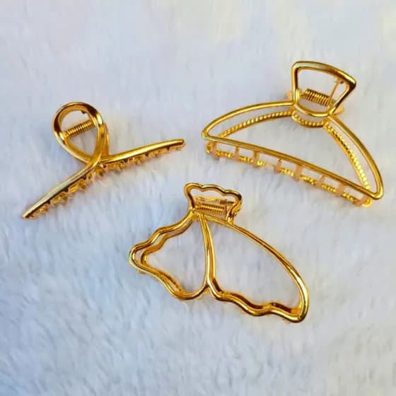 Kit Conjunto 3 Prendedor Piranha De Cabelo Em Metal Dourado Tamanho Médio