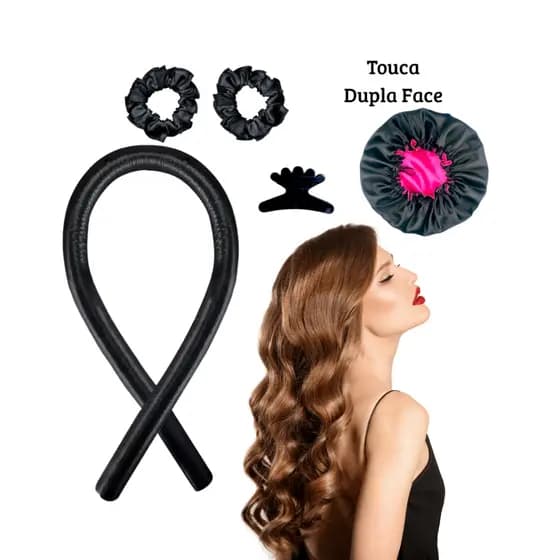 Modelador e Touca De Cetim Dupla Face Regulável + Haste Com 2 Scrunchies + Prendedor Kit Com 5 Peças