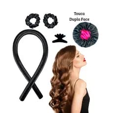 Modelador e Touca De Cetim Dupla Face Regulável + Haste Com 2 Scrunchies + Prendedor Kit Com 5 Peças