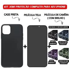 Case Preta + Película de Vidro 3D Privacidade + Película Câmera Diamante iPhone 11 12 13 14 15 16 Pro Max - NF