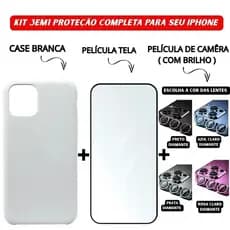 Case Branca + Película de Vidro Temperado 3D + Película Câmera Diamante iPhone 11 12 13 14 15 16 Pro Max - NF