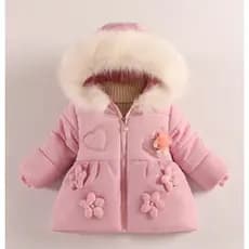Flores Outono Inverno Meninas Jaqueta Gola De Pele Manter Quente Com Capuz Zíper Bebê Outerwear 1-5 Anos Crianças Roupas