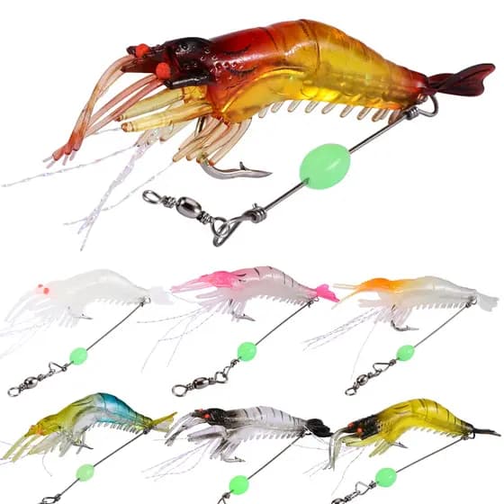 Sougyilang 3 Peças 9cm 7 Cores 6g Isca Macia Pesca Noturna De Camarão Luminosa Com Contas Giratórias Silicone Artificial