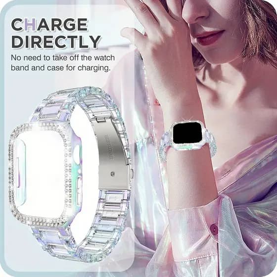 Pulseira De Relógio Transparente Com Capa Brilhante Para Apple Watch Series 10 Ultra SE 9 8 7 6 5 4 3 2 1 Resina Laser A