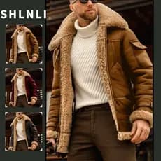 Jaqueta Masculina De Couro PU Com Gola Dobrável Outono Inverno Lã De Cordeiro Cor Sólida Casaco Plus Size