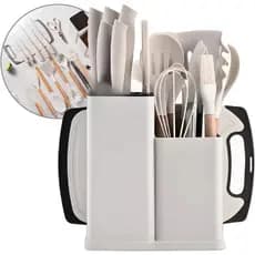 Kit de Cozinha com 19 Utensílios Completo com Espatulas Facas Pegadores Fouet Fue Pincel Cabo de Madeira