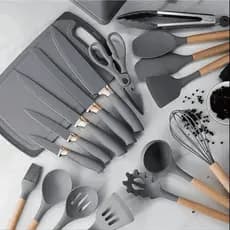 19 Utensílios Kit de Cozinha Completo com Espatulas Facas Pegadores Fouet Fue Pincel Cabo de Madeira