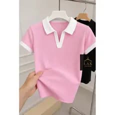 Blusa Polo Feminina Bicolor Canelada Casual Versátil Algodão Premium Malhado