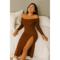 Vestido Longo Feminino Canelado Com fenda lateral Manga Longa Moda gringa