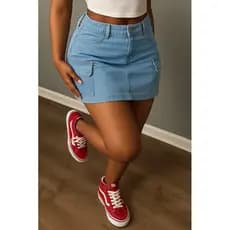 Saia Jeans Curta feminina com Bolsos