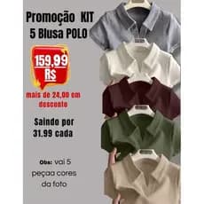 kit 5 Camisa polo Feminina Manga curta Algodão