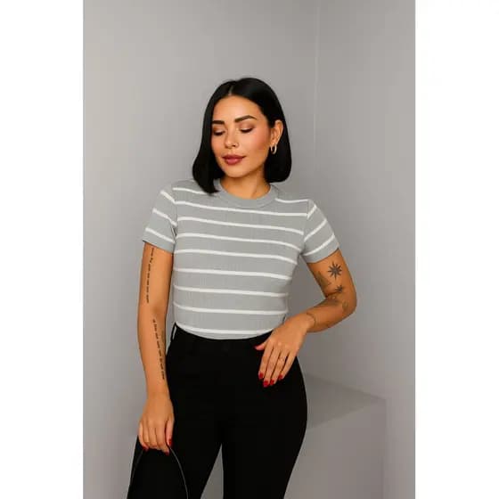 Blusa Basica Tshirt Listrado Canelado Algodão