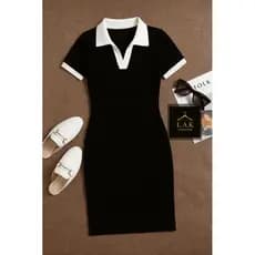Vestido Gola Polo Feminino Bicolor Canelado Liso Casual