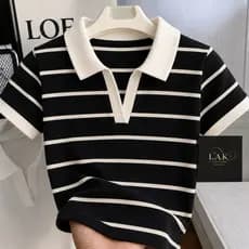 Blusa Polo Feminina Canelada Listrada Manga Curta Ajustada Casual Moderna Ribana Premium
